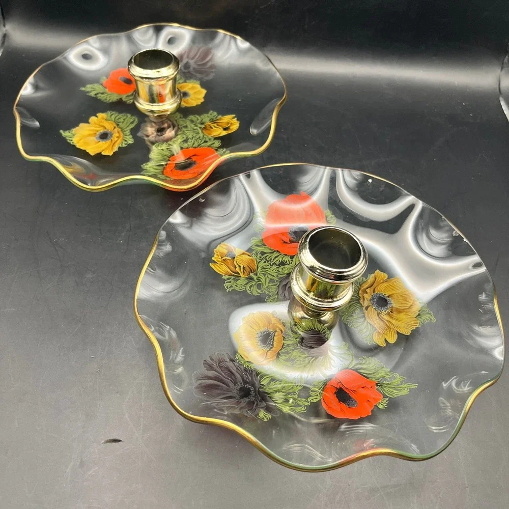 Vtg Pair of Glass Poppy Floral Ruffled Taper Candle Holders Gold Rim 6.75